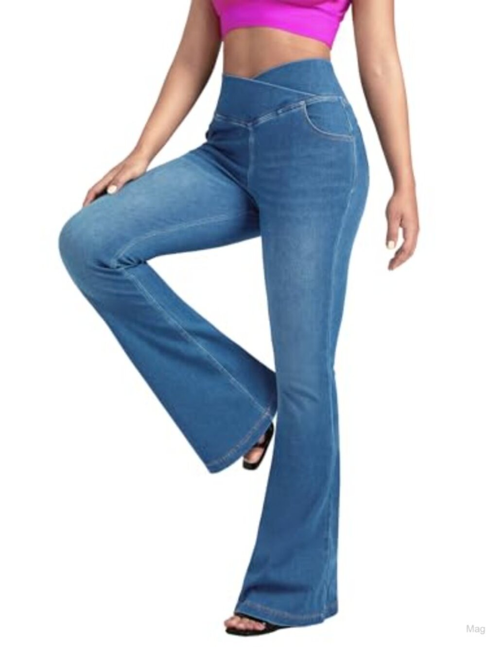 BlueRose Women's Flared High Waist Bell Bottom Knit Denim Jeans